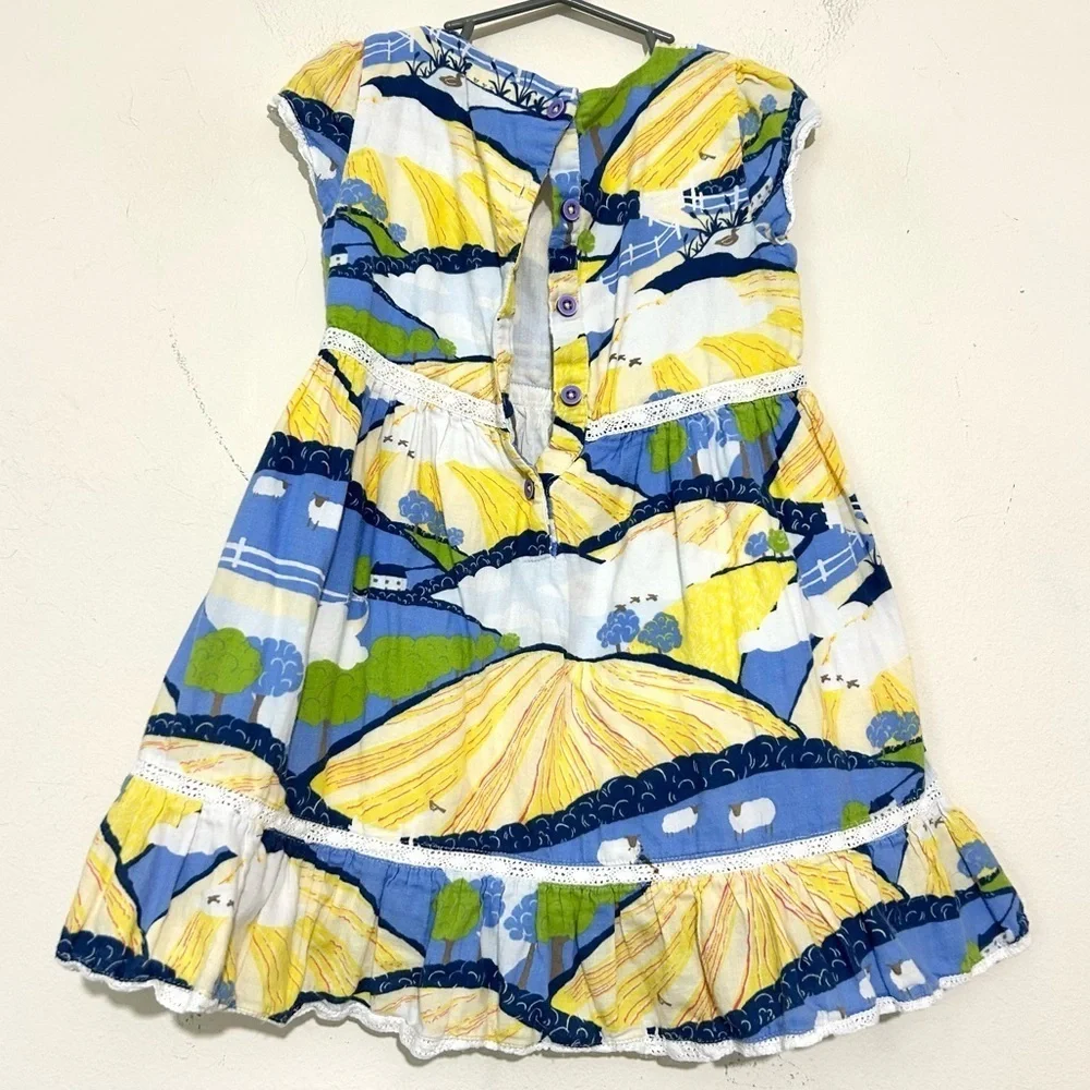 Mini Boden Countryside Sheep Blue & Yellow Cotton Dress SIZE 4/5